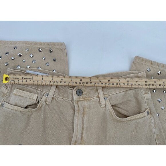 Zara Womens Size 6 Studdeded Wide Leg Jeans Beige Mid Rise Waist 30 Denim - Picture 6 of 8